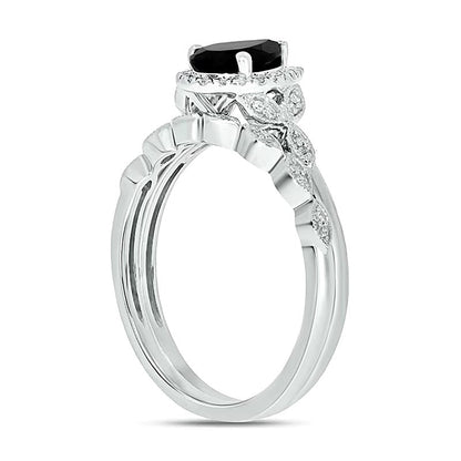 Braut-Set mit tropfenförmigem schwarzem Saphir und 0,17 ct. Gesamtgewicht Diamanten im Vintage-Stil mit Blattseiten in 10K Weißgold