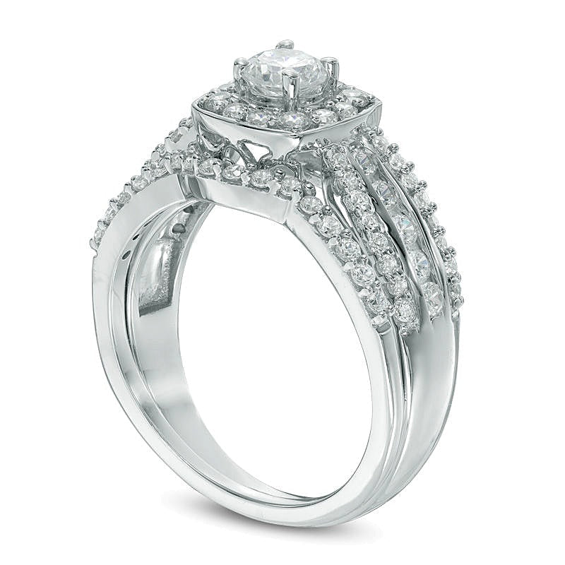1.1 ct. Gesamtgewicht Diamant Braut-Set mit Kissenschliff-Halo und mehrreihiger Fassung in 10K Weißgold