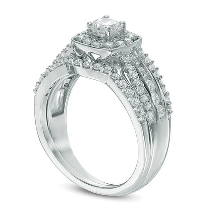 1.1 ct. Gesamtgewicht Diamant Braut-Set mit Kissenschliff-Halo und mehrreihiger Fassung in 10K Weißgold