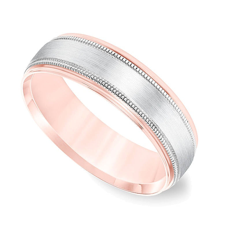 6,5mm Ehering mit Komfortschliff, gebürstetem Zentrum und Milgrain-Kante in 14K Bicolor-Gold