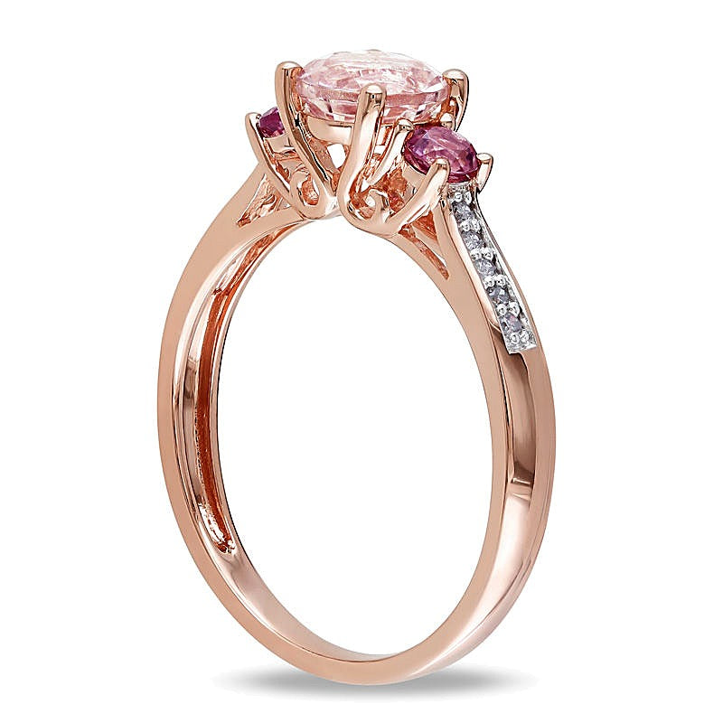 6,0 mm Morganit, rosa Turmalin und Diamant-Besatz Dreistein-Ring in 10K Roségold