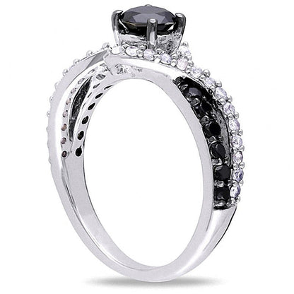 0,75 ct. Gesamtgewicht Ring mit schwarzem Diamant und synthetischem weißem Saphir, Solitär mit seitlichem Besatz, in Sterlingsilber