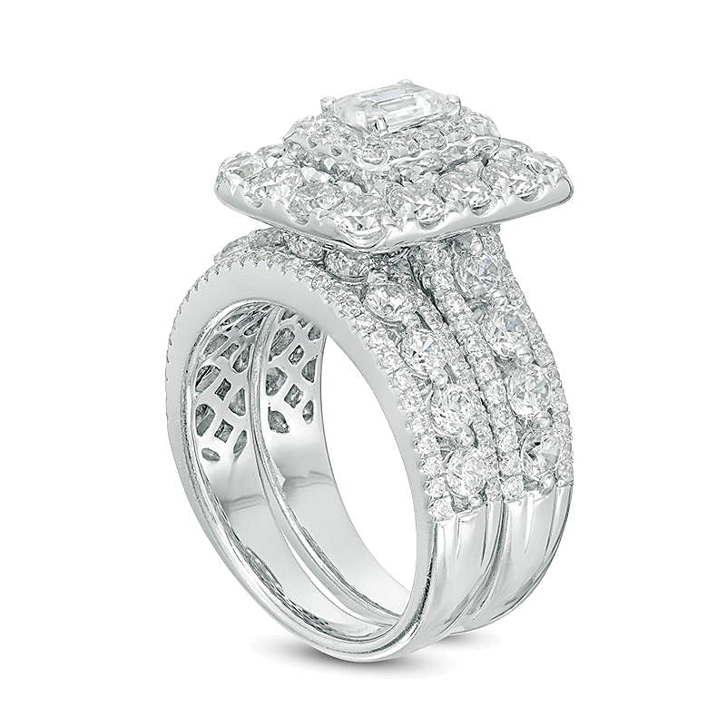 Brautset mit Diamanten im Smaragdschliff, doppeltem Rahmen und mehrreihigem Design, 4.0 ct. Gesamtgewicht, in 14K Weißgold (I/I1)