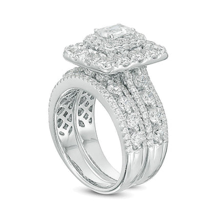 Brautset mit Diamanten im Smaragdschliff, doppeltem Rahmen und mehrreihigem Design, 4.0 ct. Gesamtgewicht, in 14K Weißgold (I/I1)