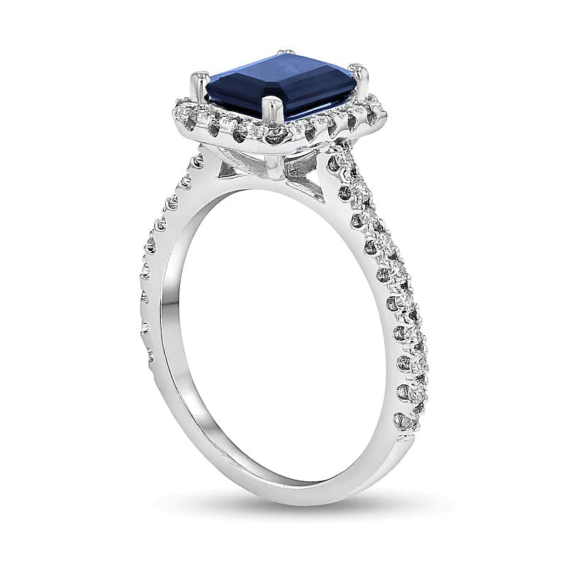 Ring mit blauem Saphir im Smaragdschliff und Diamanten 0,38 ct. Gesamtgewicht in 14K Weißgold