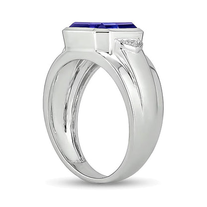 10.0mm Ring mit blauem Labor-Saphir im Radiant-Schliff und Diamant-Besatz in rhodiniertem Sterlingsilber