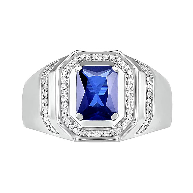 Fashion-Ring mit blauem synthetischem Saphir im Smaragdschliff und 0,1 ct. Gesamtgewicht Diamanten mit achteckigem Rahmen in rhodiniertem Sterlingsilber