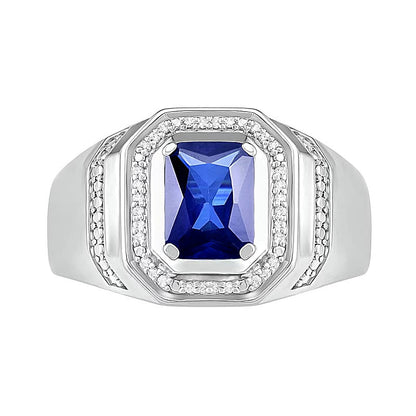 Fashion-Ring mit blauem synthetischem Saphir im Smaragdschliff und 0,1 ct. Gesamtgewicht Diamanten mit achteckigem Rahmen in rhodiniertem Sterlingsilber