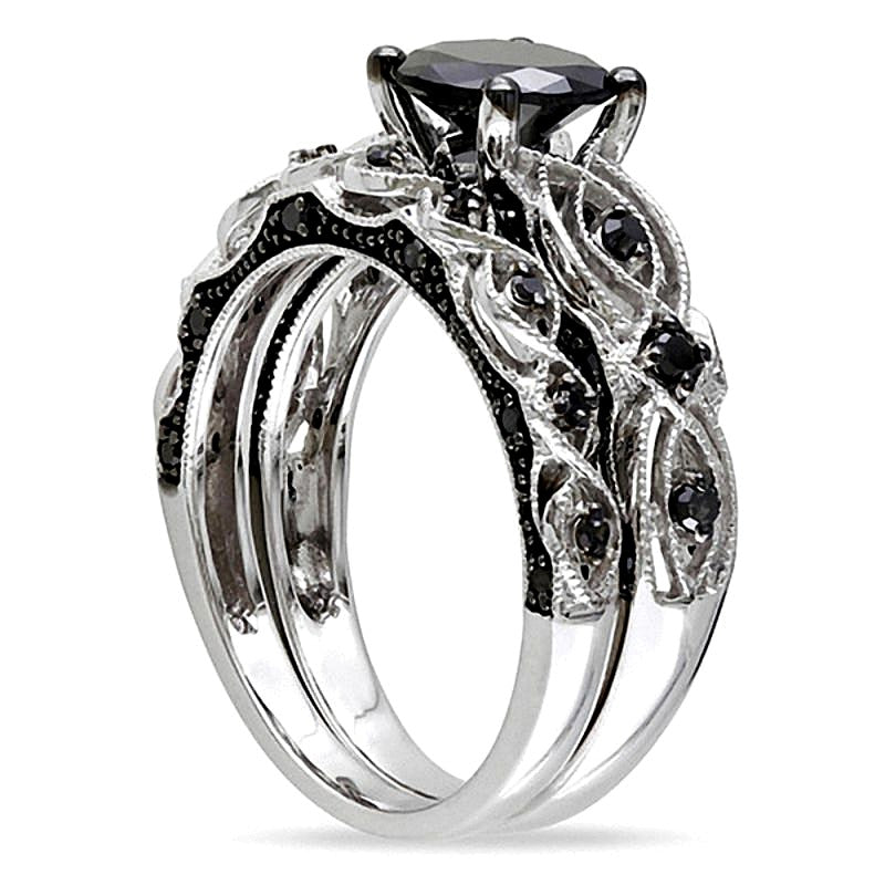 1,38 ct. Gesamtgewicht Brautset mit schwarzen Diamanten im Vintage-Stil in 10K Weißgold
