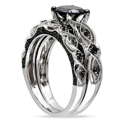 1,38 ct. Gesamtgewicht Brautset mit schwarzen Diamanten im Vintage-Stil in 10K Weißgold