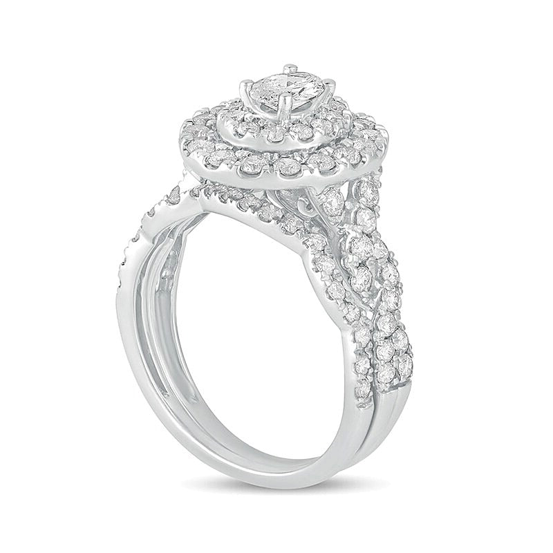 1.5 CT. Gesamtgewicht Braut-Set mit ovalem Diamant, doppeltem Halo und mehrreihigem Design in 10K Weißgold