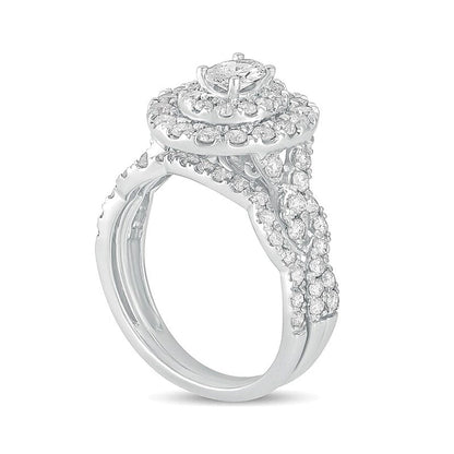 1.5 CT. Gesamtgewicht Braut-Set mit ovalem Diamant, doppeltem Halo und mehrreihigem Design in 10K Weißgold