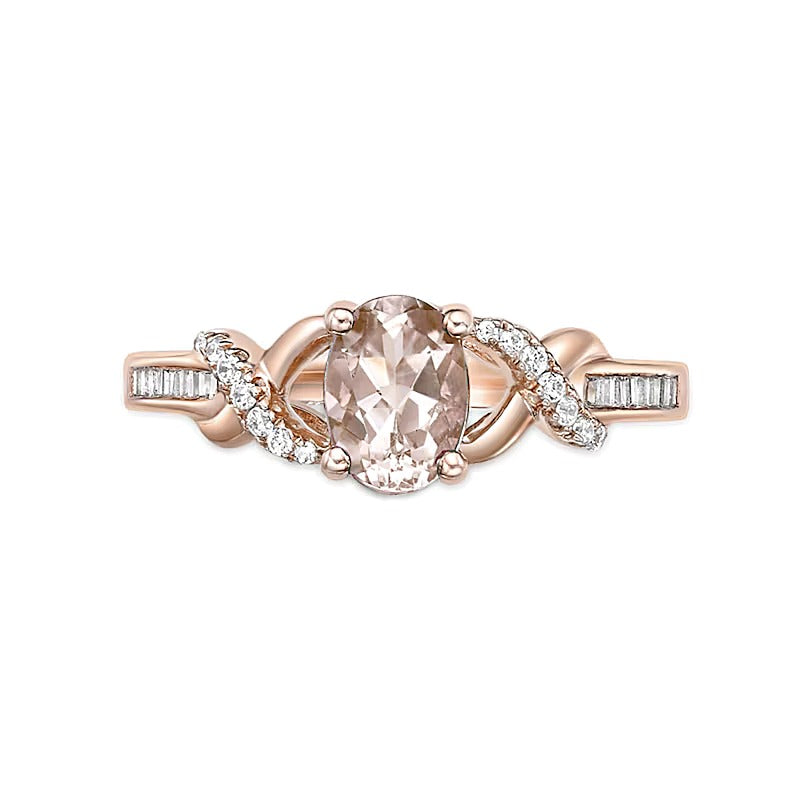 Ring mit ovalem Morganit und 0,17 ct. Gesamtgewicht Diamanten im Crossover-Split-Shank-Design in 10K Roségold