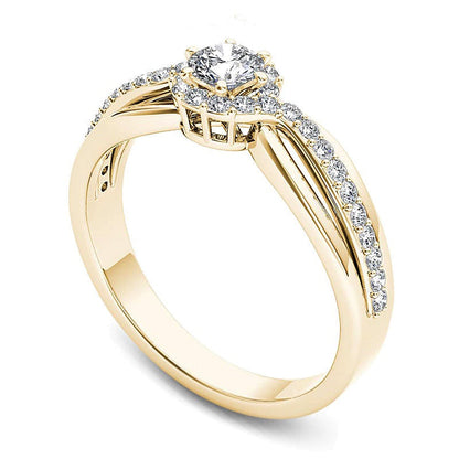 0.5 ct. Gesamtgewicht Diamant Halo Verlobungsring mit Swirl-Design in 14K Gelbgold