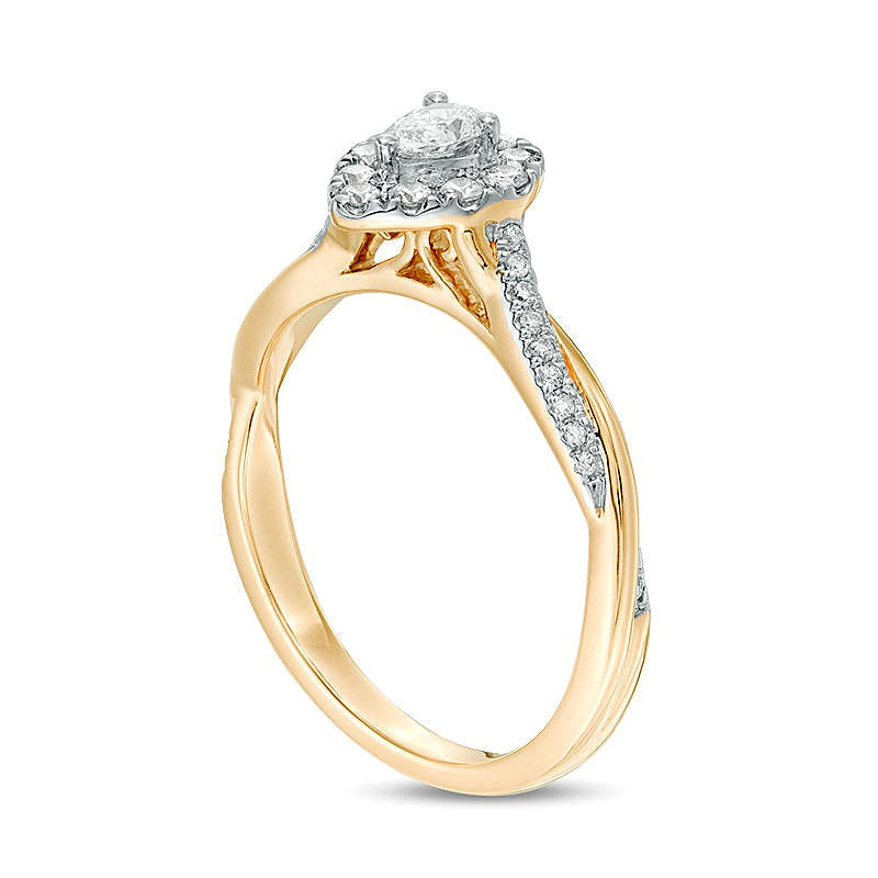 0.38 ct. Gesamtgewicht Verlobungsring mit Diamanten im Tropfen- und Rundschliff, Halo, 10K Gelbgold