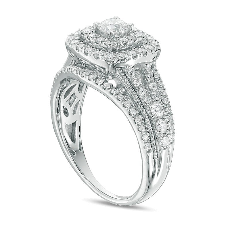 Verlobungsring im Vintage-Stil mit Diamanten 1.0 CT. Gesamtgewicht, rund und Kissenschliff, mehrreihig, in 14K Weißgold