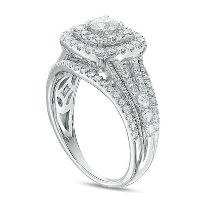 Verlobungsring im Vintage-Stil mit Diamanten 1.0 CT. Gesamtgewicht, rund und Kissenschliff, mehrreihig, in 14K Weißgold