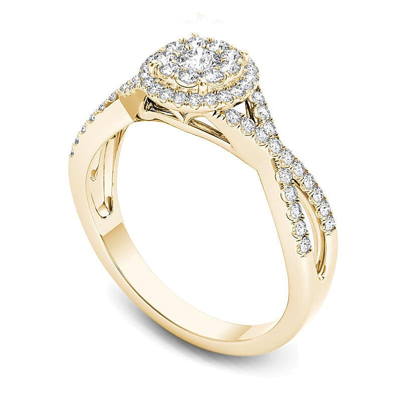 0,5 ct. Gesamtgewicht Diamant-Verlobungsring mit Halo und gedrehter Schiene in 14K Gelbgold
