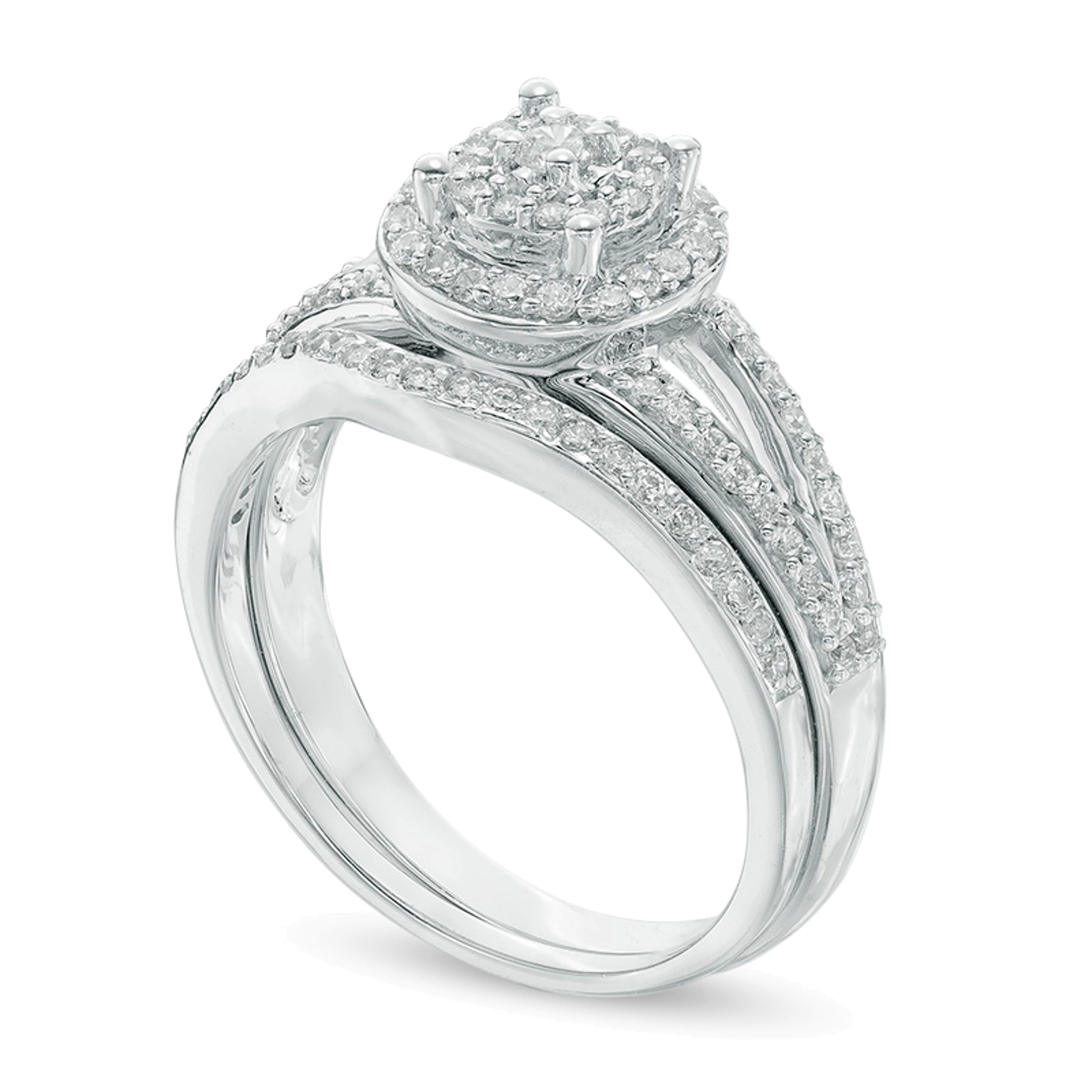 0.5 ct. Gesamtgewicht Komposit-Diamant Brautset mit doppeltem Rahmen und geteilter Schiene in 10K Weißgold