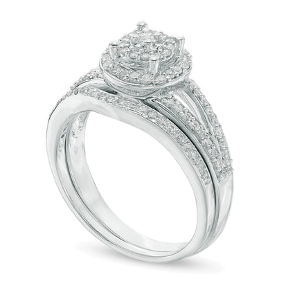 0.5 ct. Gesamtgewicht Komposit-Diamant Brautset mit doppeltem Rahmen und geteilter Schiene in 10K Weißgold