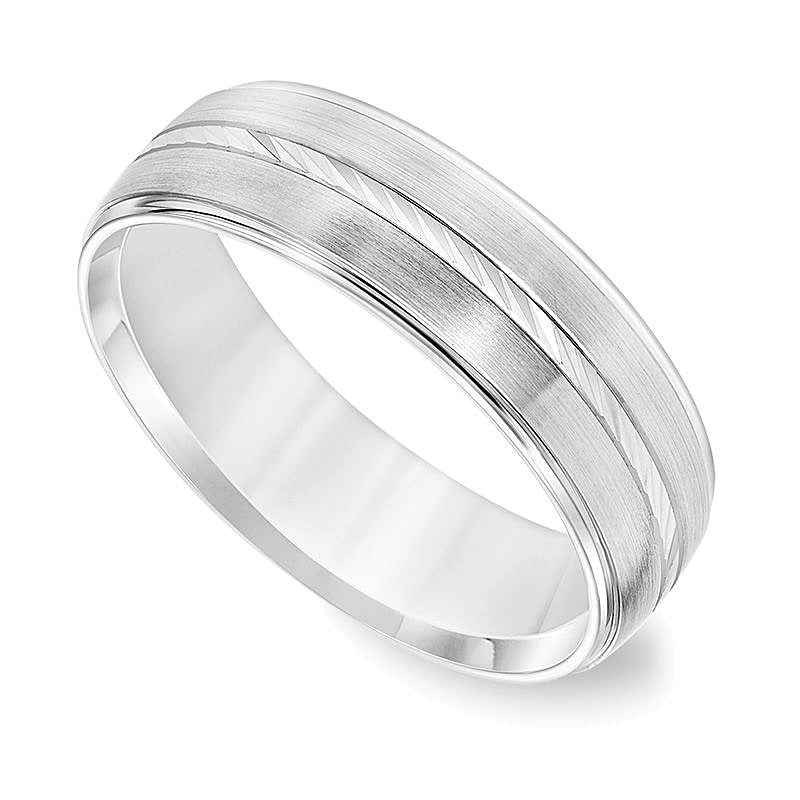 6,0 mm Ehering mit Komfortschliff, geätzter Mitte im Swiss-Cut und gebürstetem Finish in 14K Weißgold