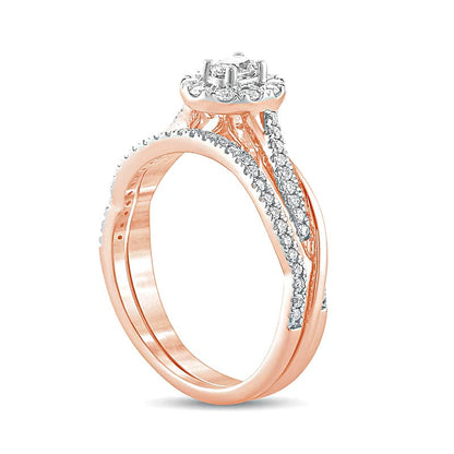 0,5 ct. Gesamtgewicht Braut-Set mit ovalem Diamant, Halo und gedrehter Ringschiene in 10K Roségold