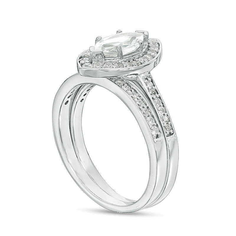 Braut-Set mit Labor-Saphir in Marquise-Schliff und 0.33 CT. TW Diamanten in rhodiniertem Sterlingsilber