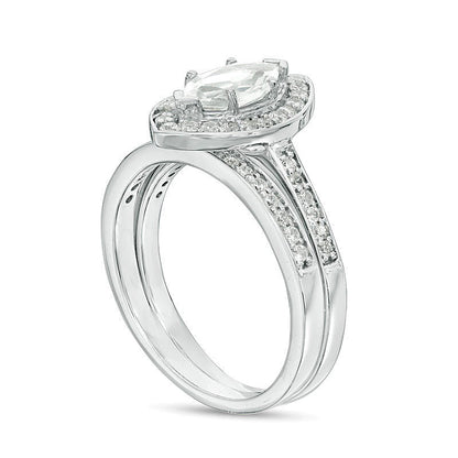 Braut-Set mit Labor-Saphir in Marquise-Schliff und 0.33 CT. TW Diamanten in rhodiniertem Sterlingsilber