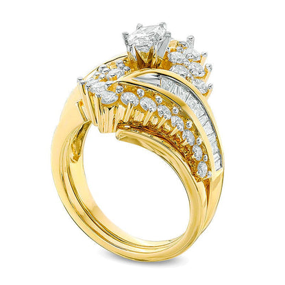 1.5 CT. Gesamtgewicht Braut-Set mit Diamanten im Marquise- und Baguette-Schliff in 14K Gelbgold