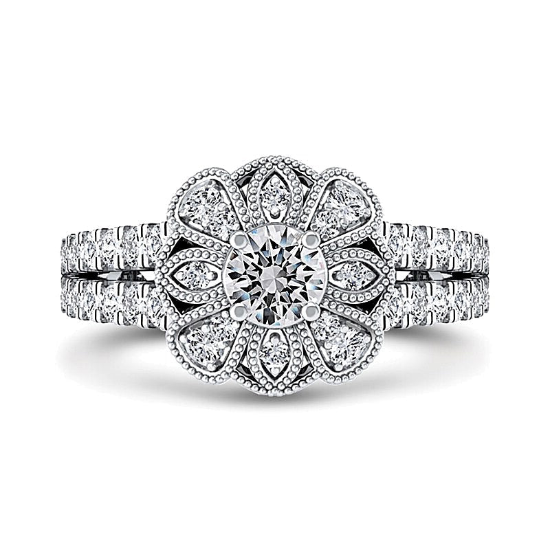 0,75 ct. Gesamtgewicht Diamant Ring mit floralem Rahmen und geteiltem Ringschienen-Design in 10K Weißgold
