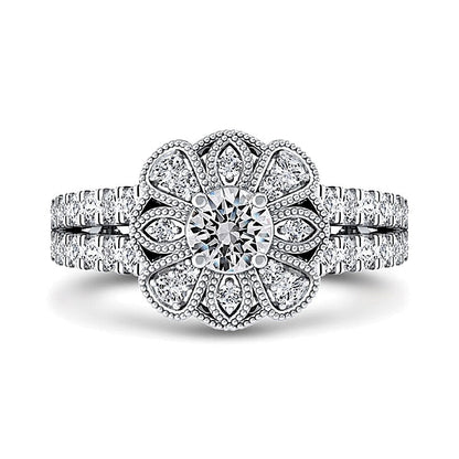 0,75 ct. Gesamtgewicht Diamant Ring mit floralem Rahmen und geteiltem Ringschienen-Design in 10K Weißgold