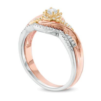 0.25 ct. Gesamtgewicht Diamant Brautset mit Swirl-Rahmen in 10K Tri-Color Gold
