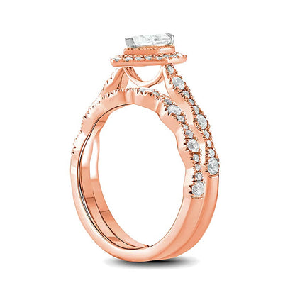 1.0 CT. Gesamtgewicht Diamant-Brautset im Art-Déco-Vintage-Stil mit tropfenförmigem Rahmen in 14K Roségold