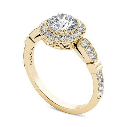 1,2 ct. Gesamtgewicht Diamant Halo Verlobungsring im Vintage-Stil in 14K Gelbgold