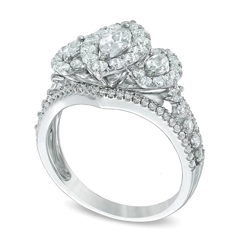 Dreistein-Ring mit Diamanten in Marquise und rund, 1.5 ct. Gesamtgewicht, 14K Weißgold