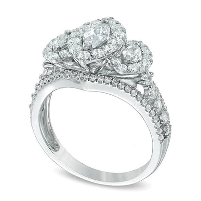 Dreistein-Ring mit Diamanten in Marquise und rund, 1.5 ct. Gesamtgewicht, 14K Weißgold