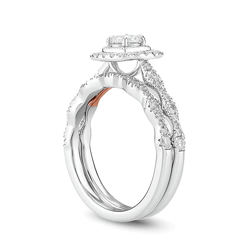 Braut-Set mit Diamanten im Rund- und Kissenschliff 1.0 CT. Gesamtgewicht in 10K Two-Tone Gold