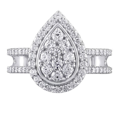 1.0 ct. Gesamtgewicht Verlobungsring mit mehreren Diamanten in Tropfen- und rundem Schliff in 10K Weißgold
