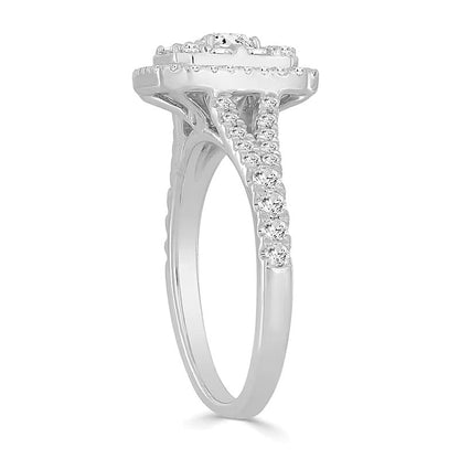 Verlobungsring mit Diamant-Halo im Smaragdschliff und geteilter Schiene, 0.75 ct. Gesamtgewicht, 10K Weißgold