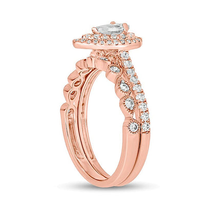 1.0 ct. Gesamtgewicht Brautset mit tropfenförmigen und runden Diamanten im Vintage-Stil mit doppeltem Rahmen in 10K Roségold (I/I2)