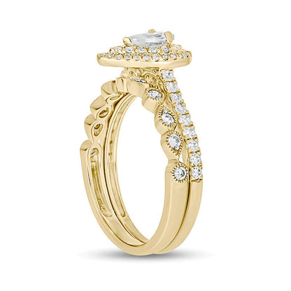 Braut-Set mit tropfenförmigem und rundem weißem Diamant 1.0 ct. Gesamtgewicht in 10K Gelbgold (I/I2)