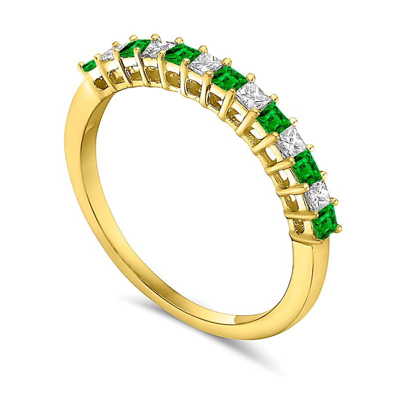 Memoire-Ring mit Smaragd im Princess-Schliff und Diamant im Princess-Schliff 0,2 ct. Gesamtgewicht im Wechsel in 10K Gelbgold