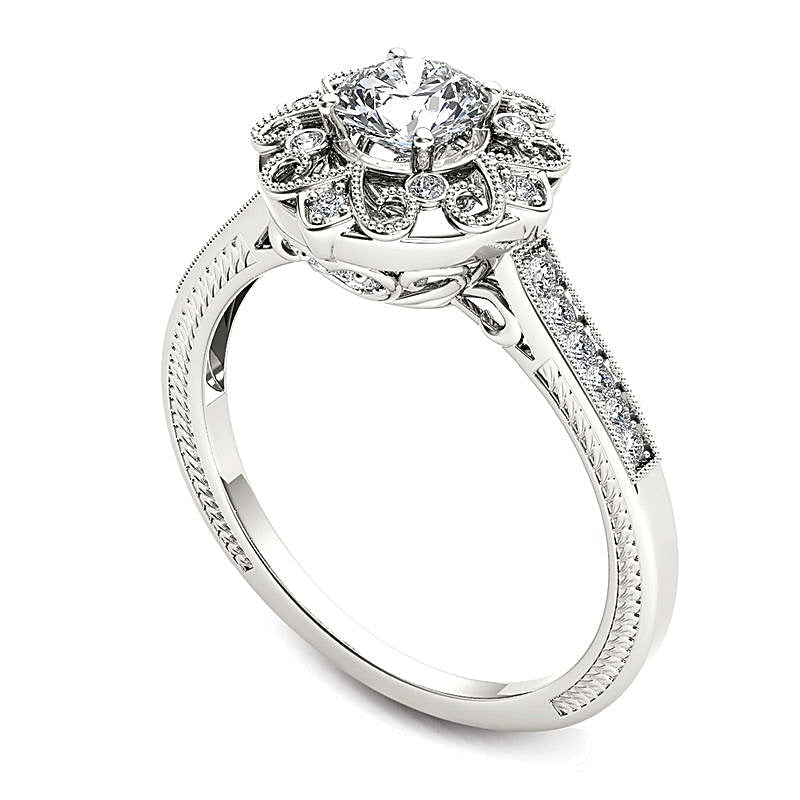 0,63 ct. Gesamtgewicht Diamant Verlobungsring im Vintage-Stil mit floralem Halo in 14K Weißgold