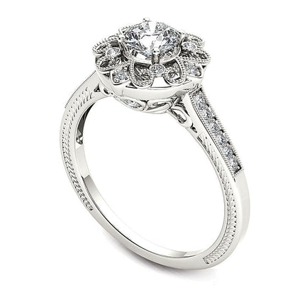 0,63 ct. Gesamtgewicht Diamant Verlobungsring im Vintage-Stil mit floralem Halo in 14K Weißgold