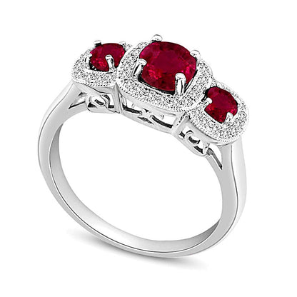 Verlobungsring Dreistein im Vintage-Stil mit Rubin und 0,2 ct. Gesamtgewicht Diamanten in 14K Weißgold