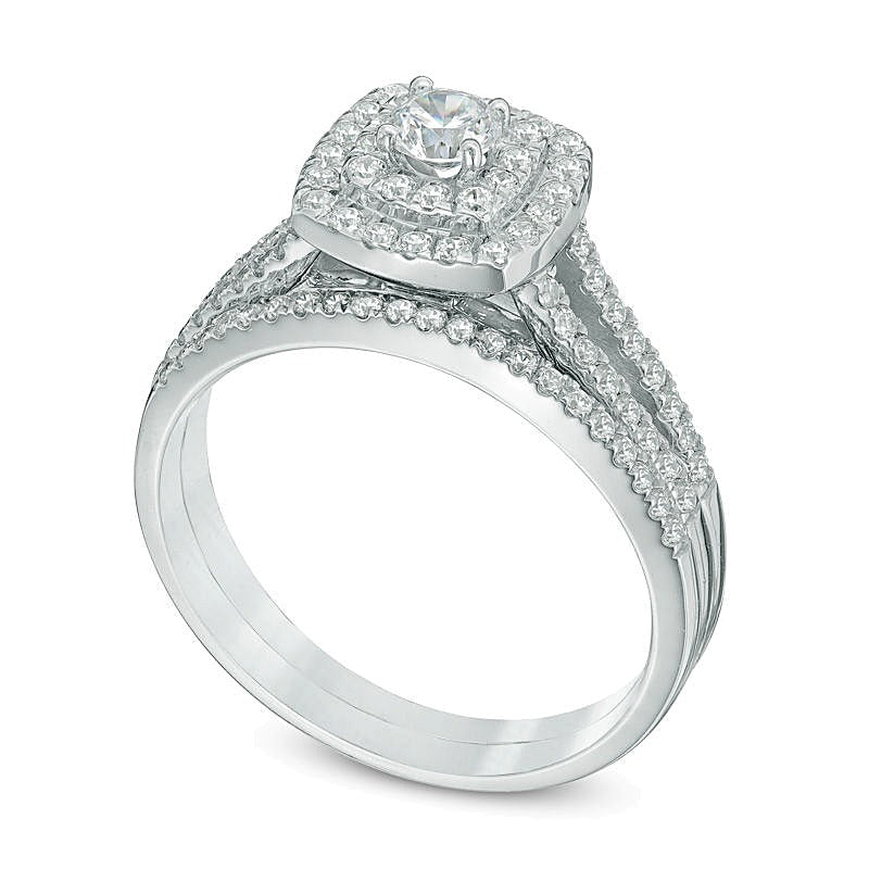 Braut-Set mit Diamanten im Kissenschliff und rund, 0.75 ct. Gesamtgewicht, doppelter Halo und geteilter Schiene, in 10K Weißgold