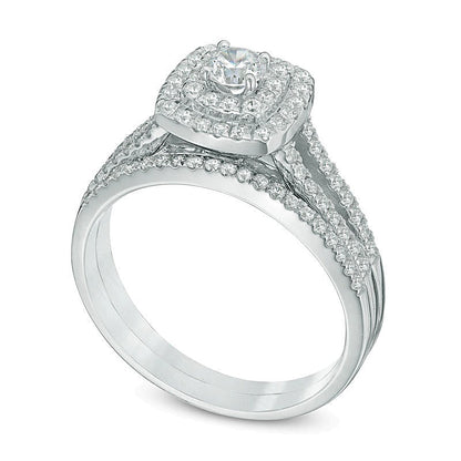 Braut-Set mit Diamanten im Kissenschliff und rund, 0.75 ct. Gesamtgewicht, doppelter Halo und geteilter Schiene, in 10K Weißgold