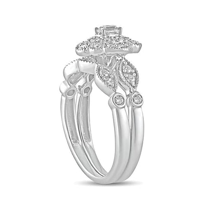 0,63 ct. Gesamtgewicht Diamant-Brautset mit ovalem Mittelstein und Vintage-Doppelblüten-Fassung in 10K Weißgold
