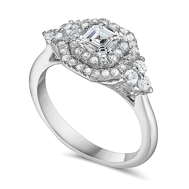 1.25 CT. Gesamtgewicht Verlobungsring mit Diamanten im Asscher-Schliff und Doppel-Halo in 14K Weißgold