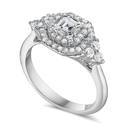 1.25 CT. Gesamtgewicht Verlobungsring mit Diamanten im Asscher-Schliff und Doppel-Halo in 14K Weißgold